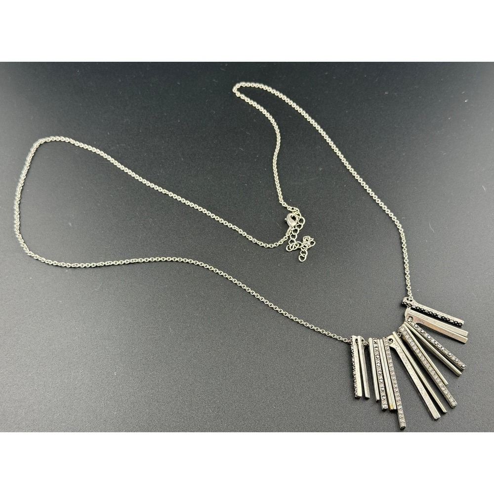 Silver Tone Bar Pendant Necklace Rhinestone Accents Extender Clasp